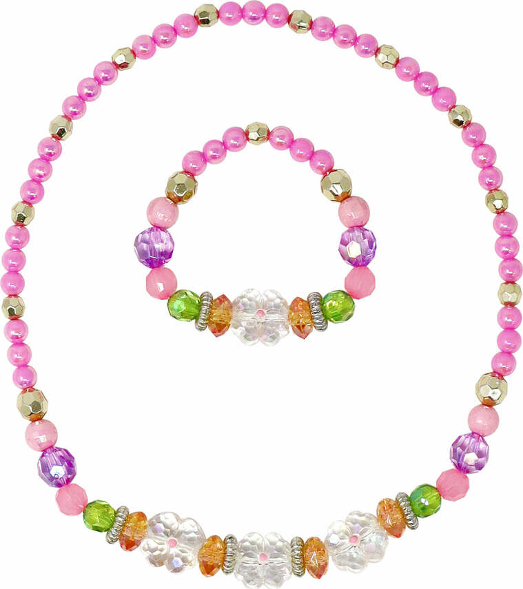 Pixie Fantasy Flower Stretch Beaded Necklace and Bracelet Set with iridescent flower beads in pink, purple, orange and green