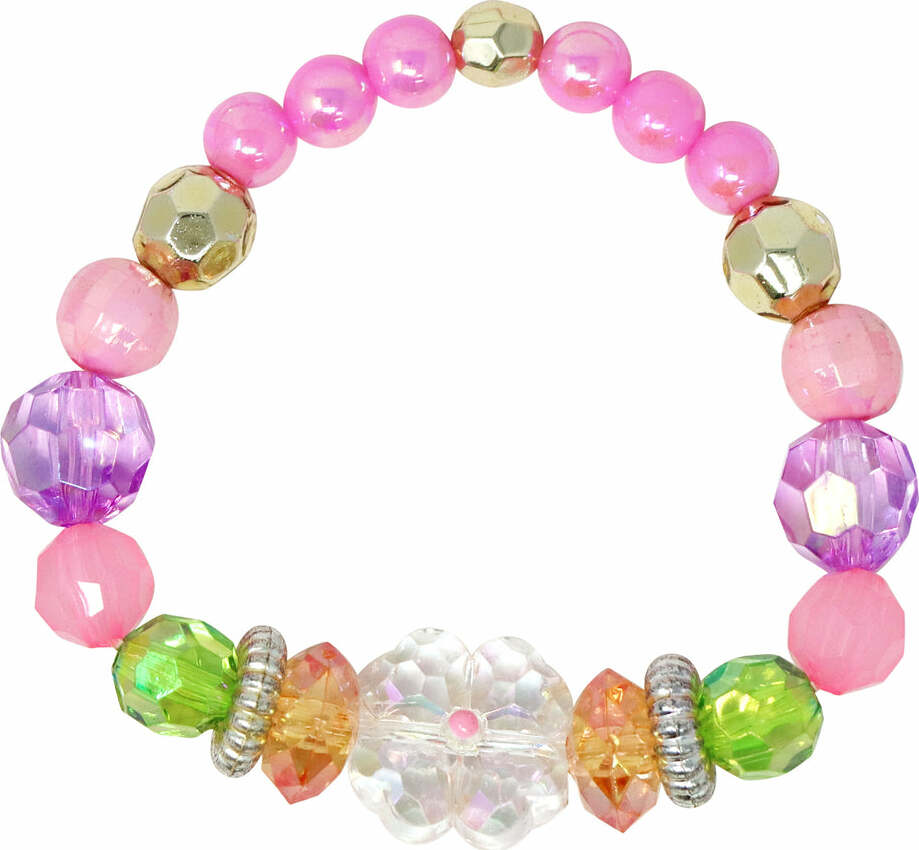 Pixie Fantasy Flower Stretch Beaded Necklace and Bracelet Set with iridescent flower beads in pink, purple, orange and green