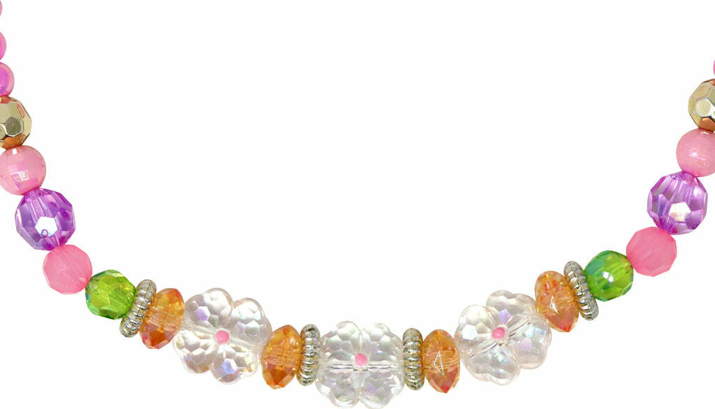 Pixie Fantasy Flower Stretch Beaded Necklace and Bracelet Set with iridescent flower beads in pink, purple, orange and green