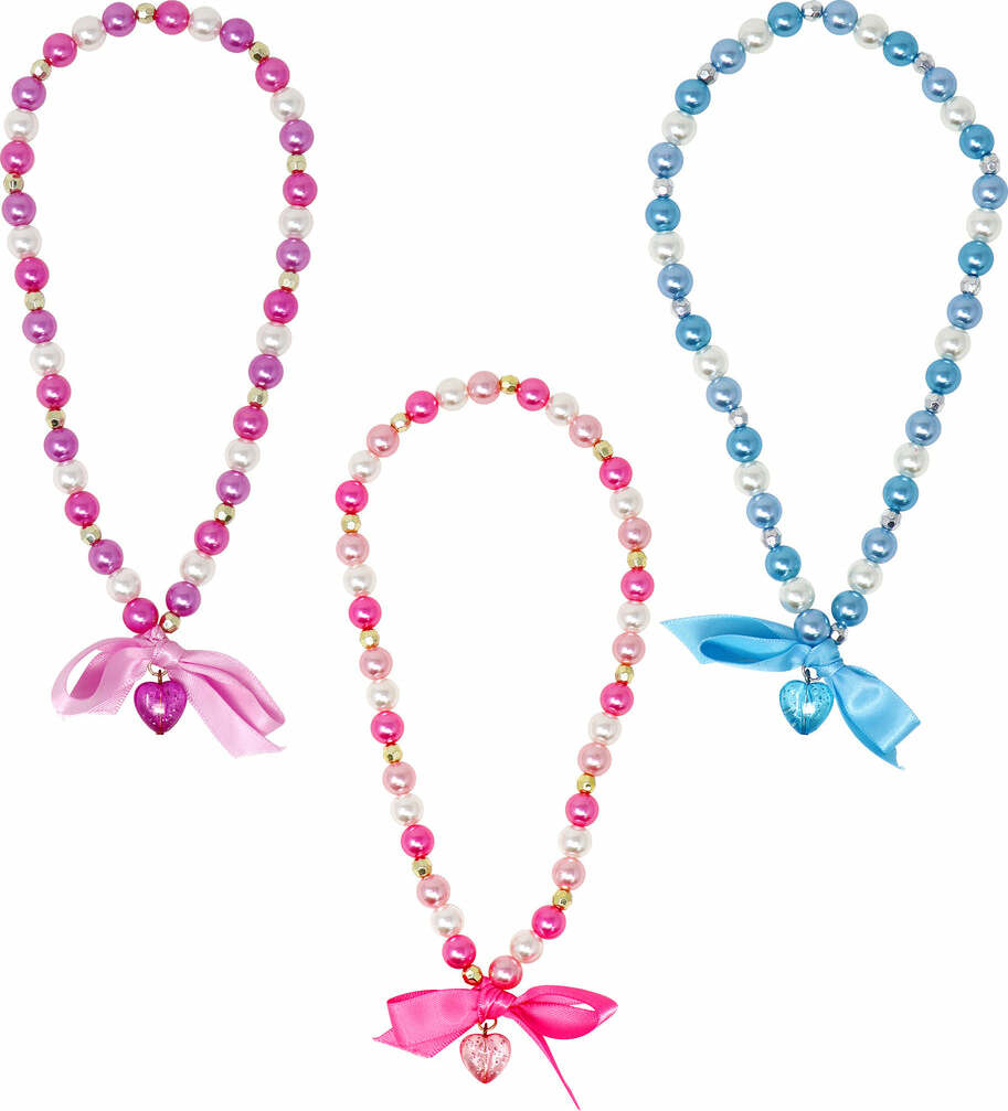 Pink Poppy Princess Necklace with glitter heart drop pendant, satin ribbon bow and alternating pearl and sparkle beads