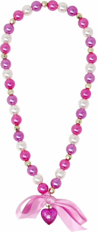 Pink Poppy Princess Necklace with glitter heart drop pendant, satin ribbon bow and alternating pearl and sparkle beads