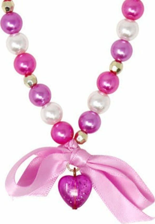Pink Poppy Princess Necklace with glitter heart drop pendant, satin ribbon bow and alternating pearl and sparkle beads
