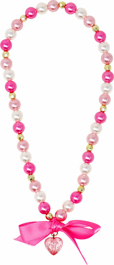 Pink Poppy Princess Necklace with glitter heart drop pendant, satin ribbon bow and alternating pearl and sparkle beads