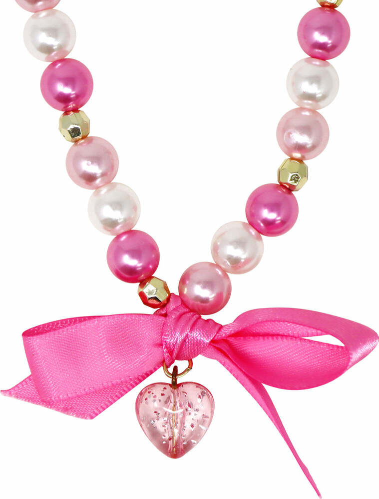 Pink Poppy Princess Necklace with glitter heart drop pendant, satin ribbon bow and alternating pearl and sparkle beads