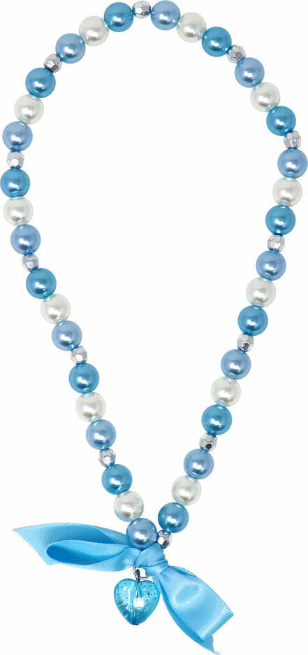 Pink Poppy Princess Necklace with glitter heart drop pendant, satin ribbon bow and alternating pearl and sparkle beads