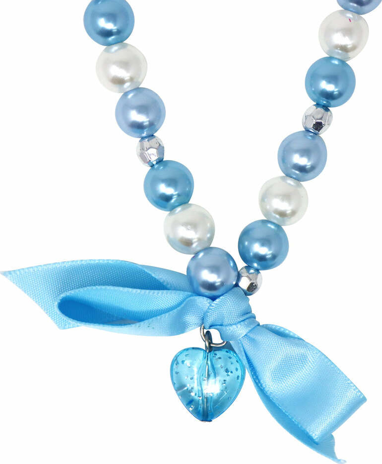 Pink Poppy Princess Necklace with glitter heart drop pendant, satin ribbon bow and alternating pearl and sparkle beads