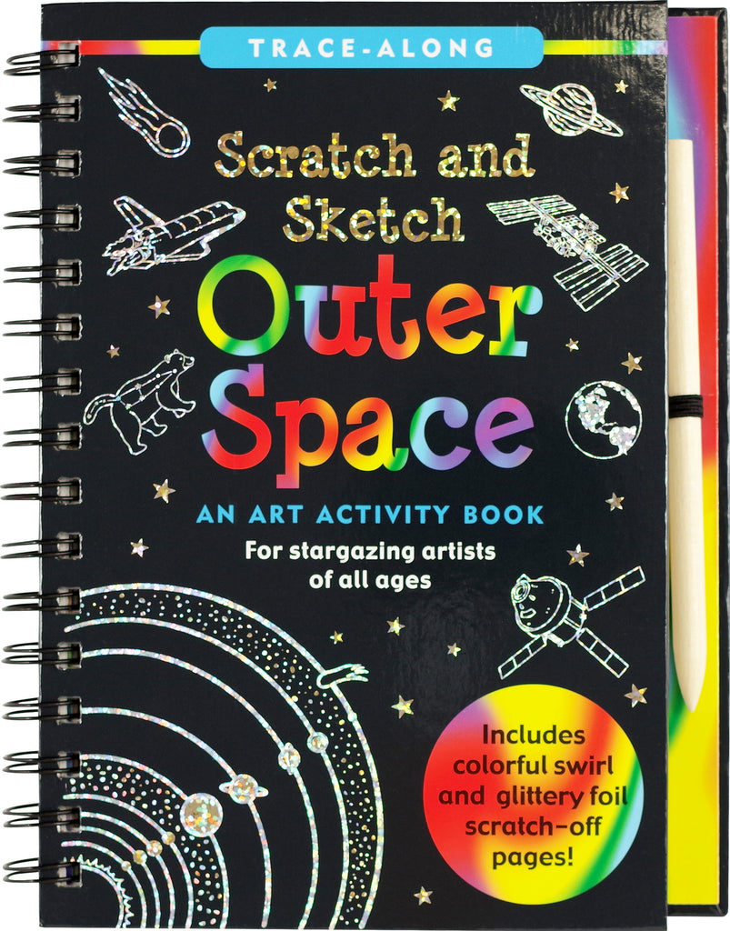 Scratch & Sketch Outer Space trace-along art book with wooden stylus revealing colorful space scenes