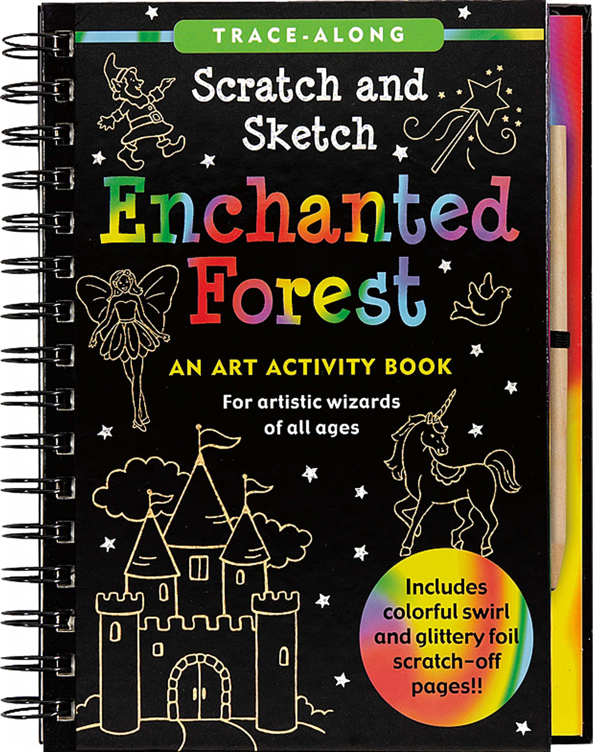 Scratch & Sketch Enchanted Forest trace-along book with wooden stylus revealing magical forest scenes