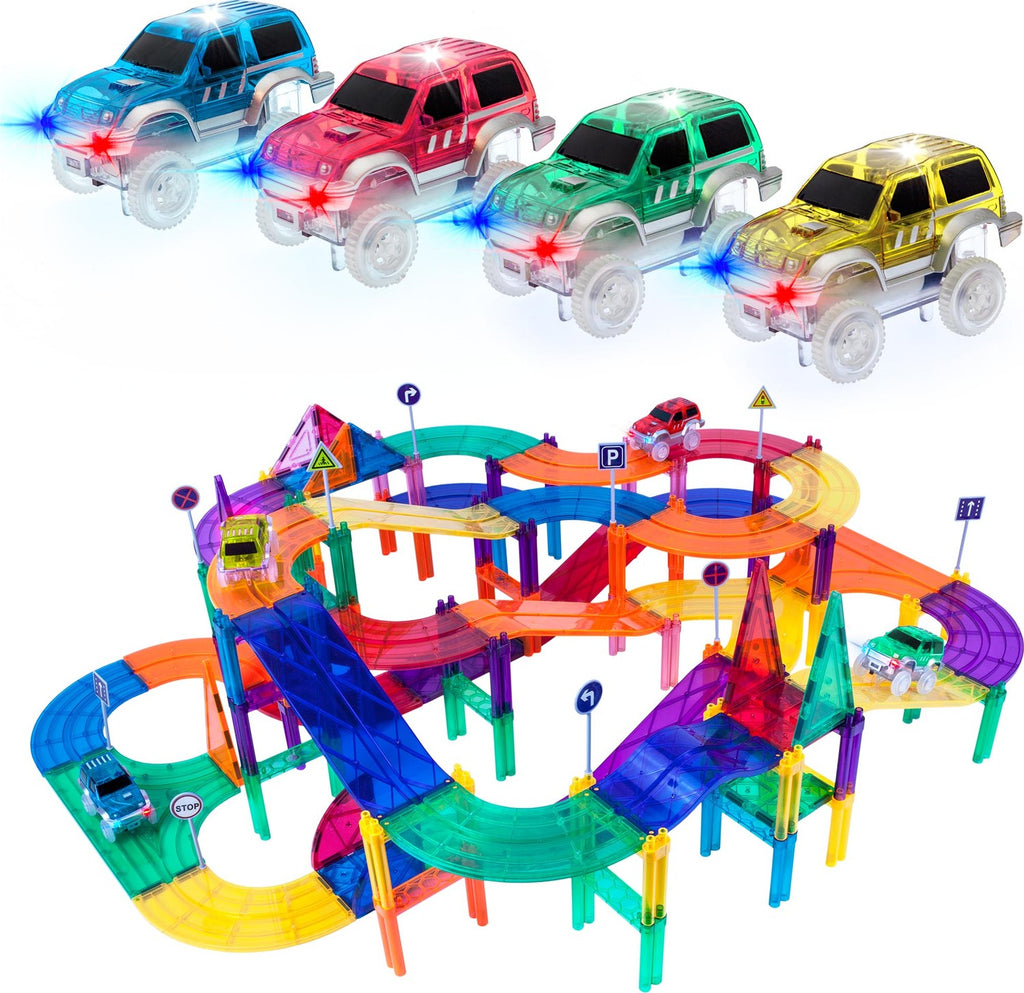 PicassoTiles Magnetic Car Race Track with light-up vehicles for exciting racing play