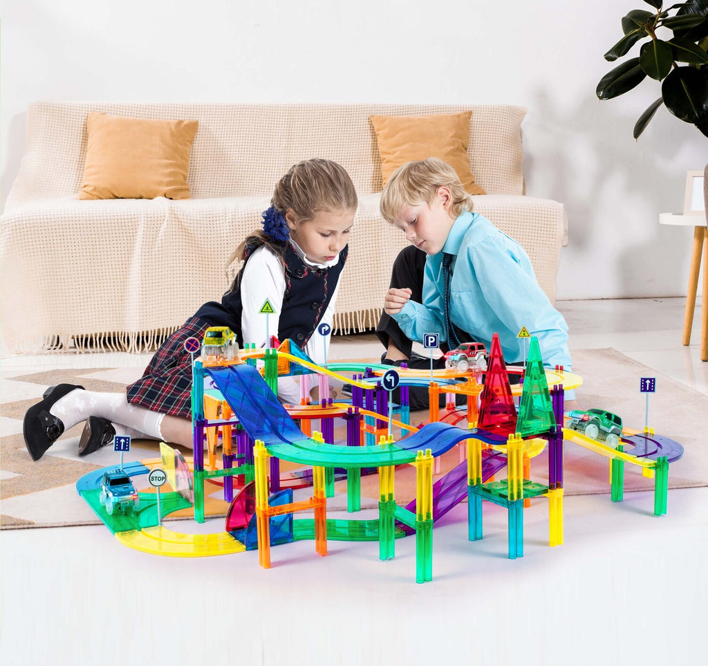 PicassoTiles Magnetic Car Race Track with light-up vehicles for exciting racing play