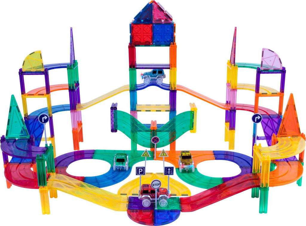PicassoTiles Magnetic Car Race Track with light-up vehicles for exciting racing play