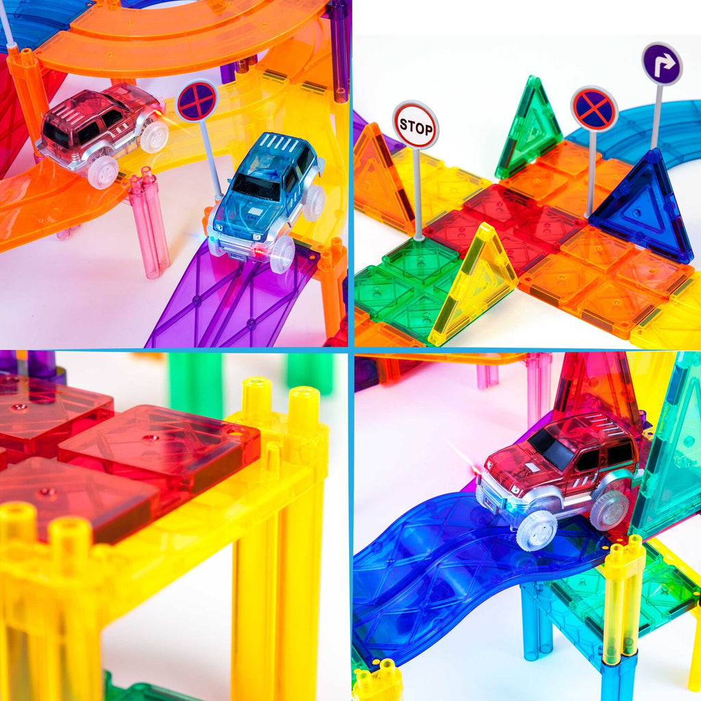 PicassoTiles Magnetic Car Race Track with light-up vehicles for exciting racing play