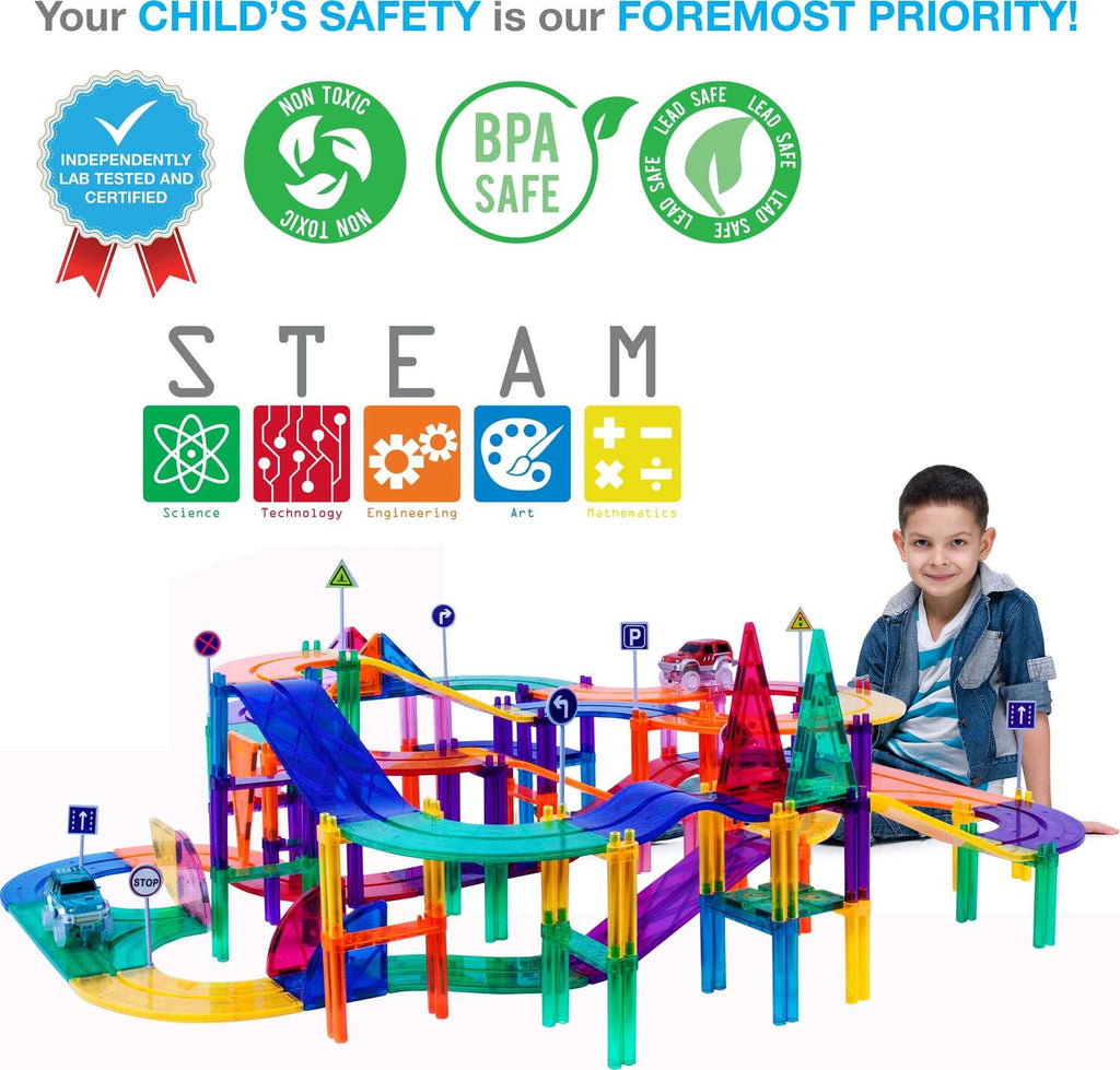 PicassoTiles Magnetic Car Race Track with light-up vehicles for exciting racing play