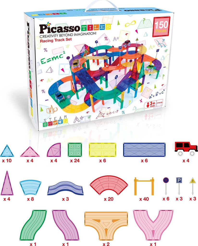 PicassoTiles Magnetic Car Race Track with light-up vehicles for exciting racing play