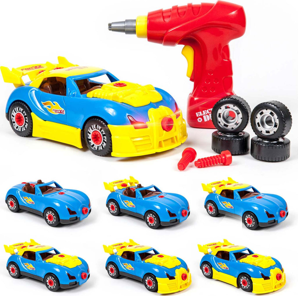 PicassoTiles DIY Take-Apart LED Race Car Set with realistic drill for hands-on building