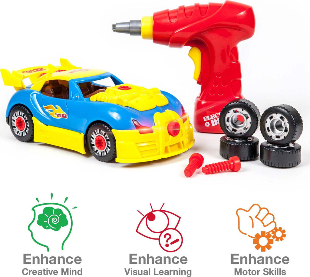PicassoTiles DIY Take-Apart LED Race Car Set with realistic drill for hands-on building