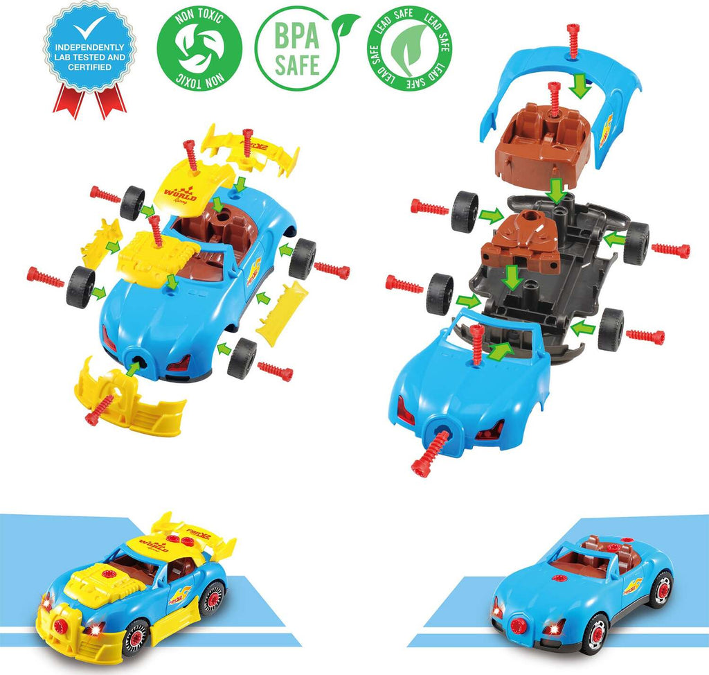 PicassoTiles DIY Take-Apart LED Race Car Set with realistic drill for hands-on building