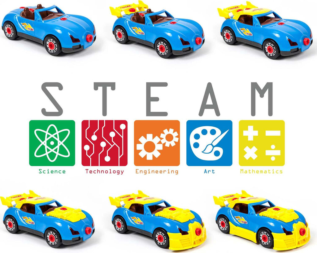 PicassoTiles DIY Take-Apart LED Race Car Set with realistic drill for hands-on building