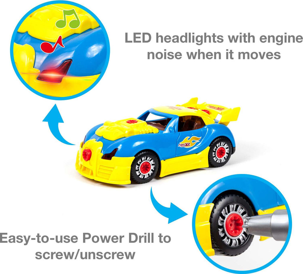 PicassoTiles DIY Take-Apart LED Race Car Set with realistic drill for hands-on building