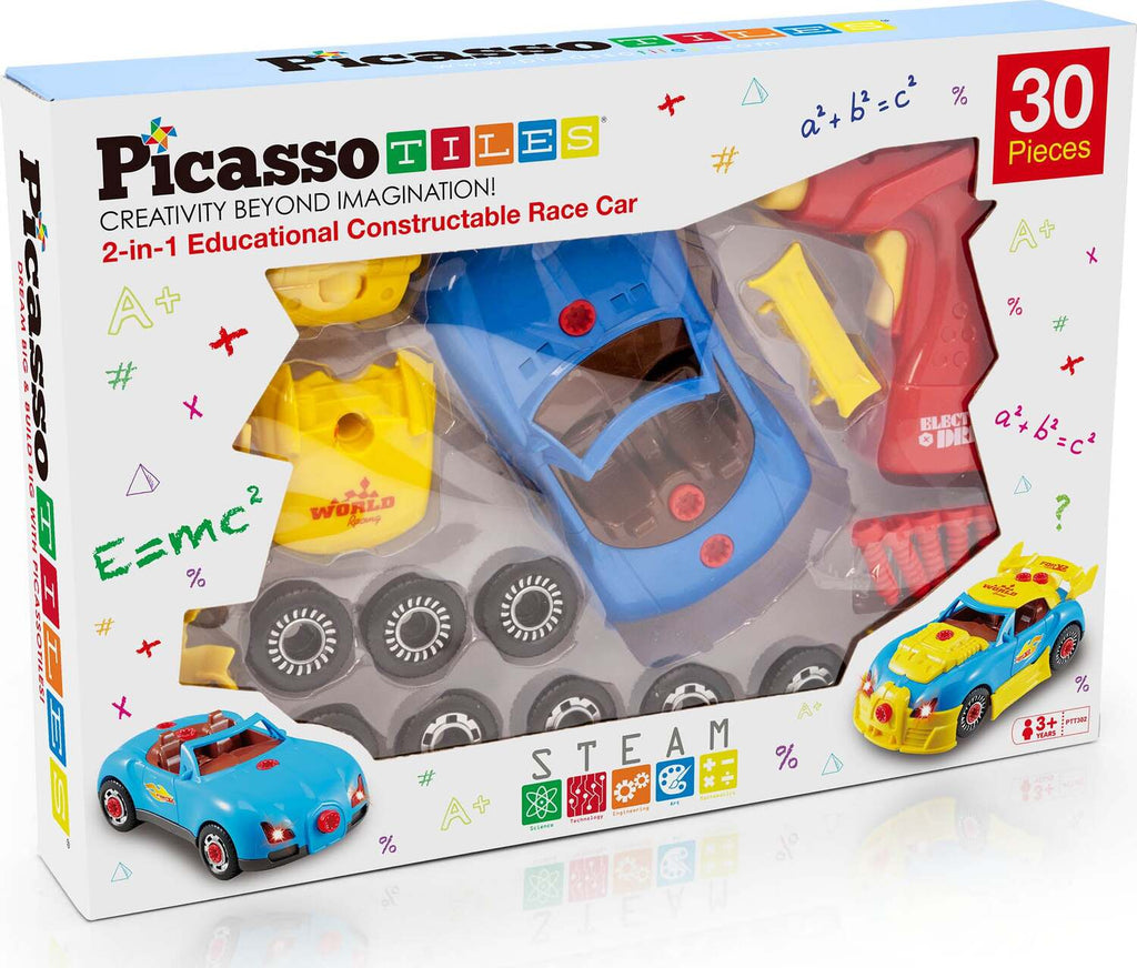 PicassoTiles DIY Take-Apart LED Race Car Set with realistic drill for hands-on building