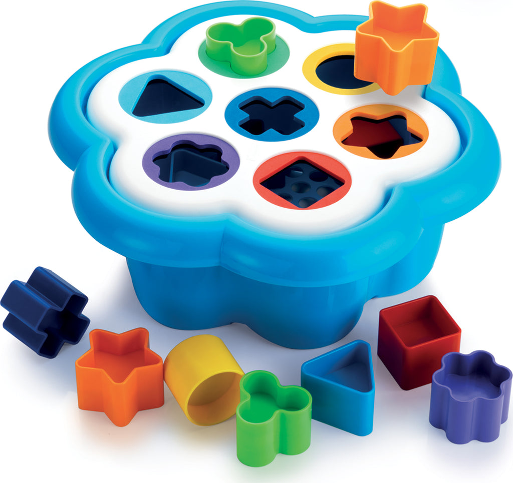 Daisy shape sorter toy with colorful daisy-shaped base, 7 different shaped holes, and 14 matching blocks for toddlers