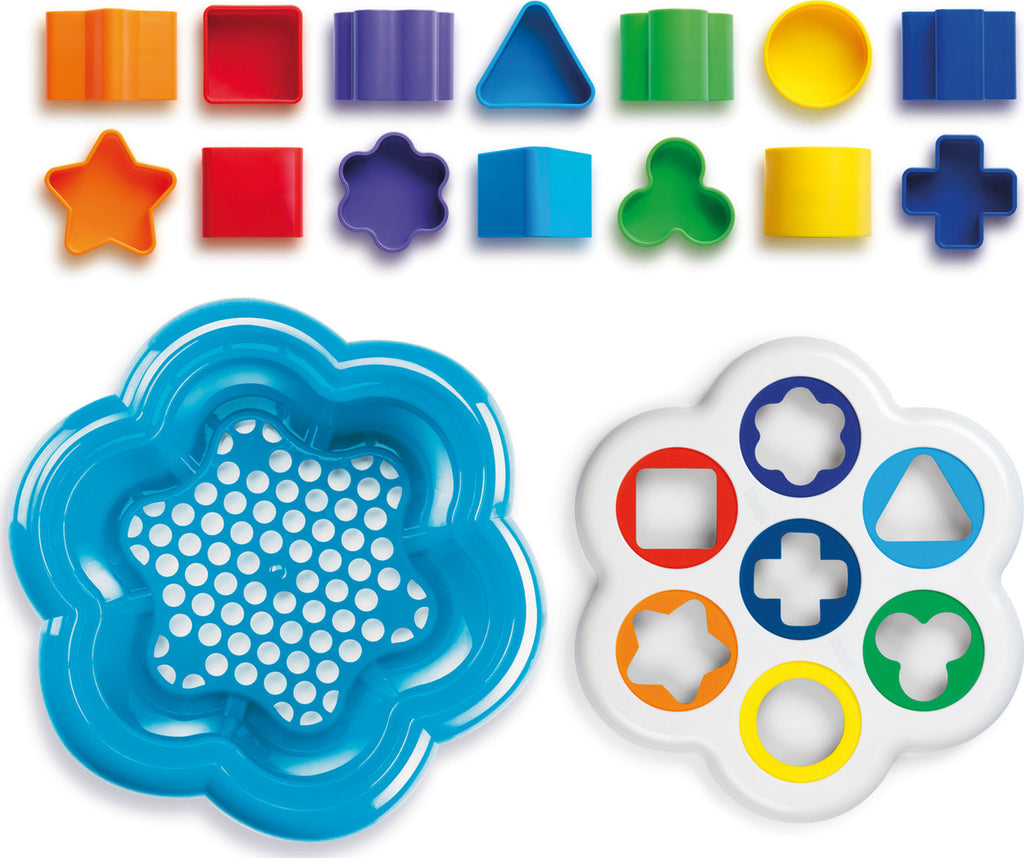 Daisy shape sorter toy with colorful daisy-shaped base, 7 different shaped holes, and 14 matching blocks for toddlers