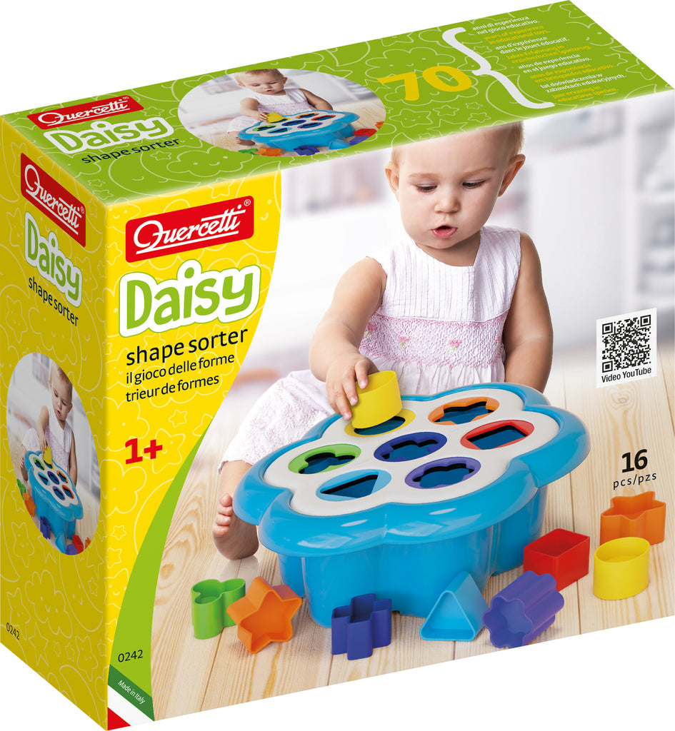 Daisy shape sorter toy with colorful daisy-shaped base, 7 different shaped holes, and 14 matching blocks for toddlers