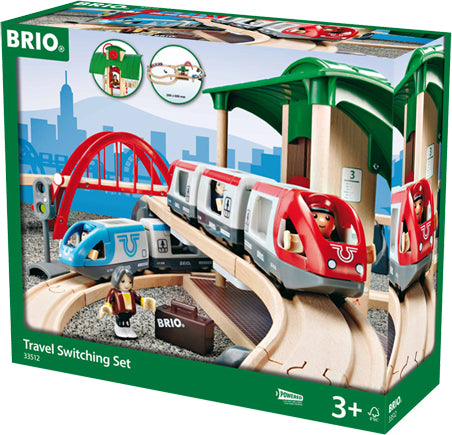 BRIO Travel Switching Set 42-piece wooden train set with switching tracks, trains, bridge and station