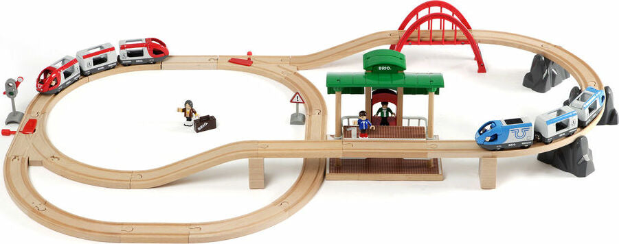 BRIO Travel Switching Set 42-piece wooden train set with switching tracks, trains, bridge and station