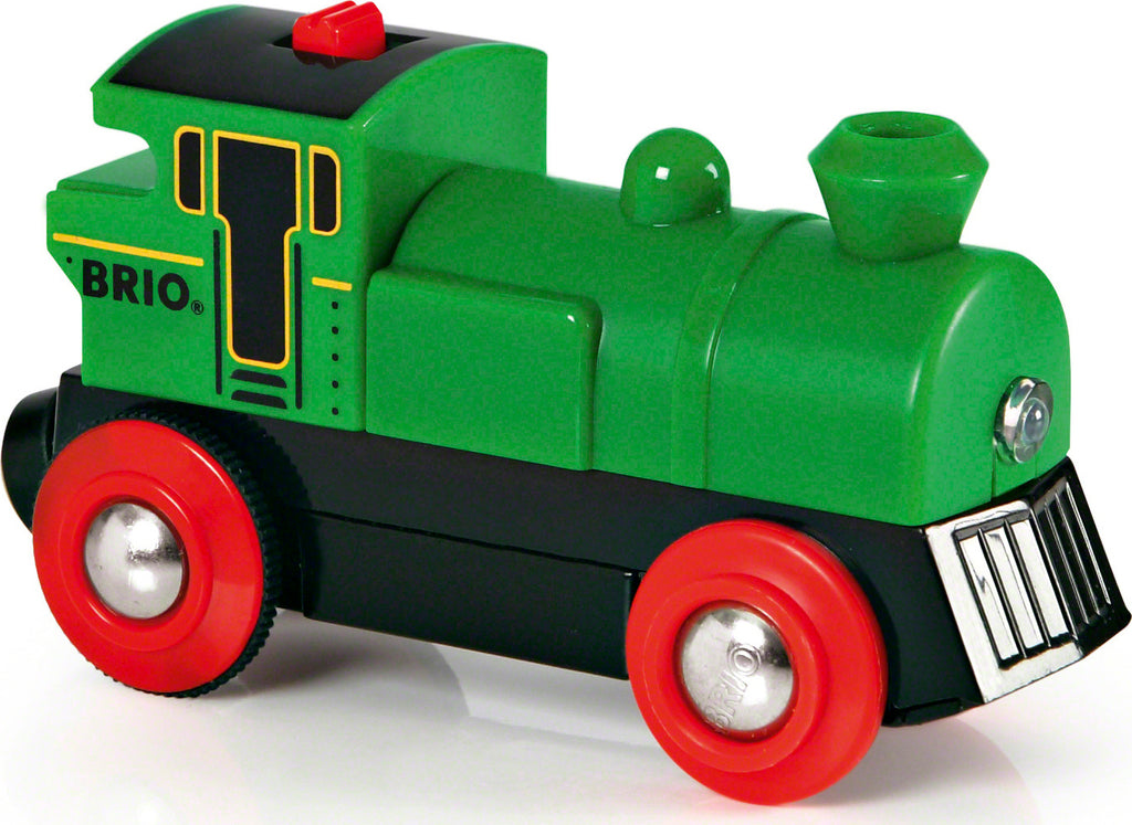 BRIO Battery-Powered Engine green wooden train with forward, reverse functions and working headlights