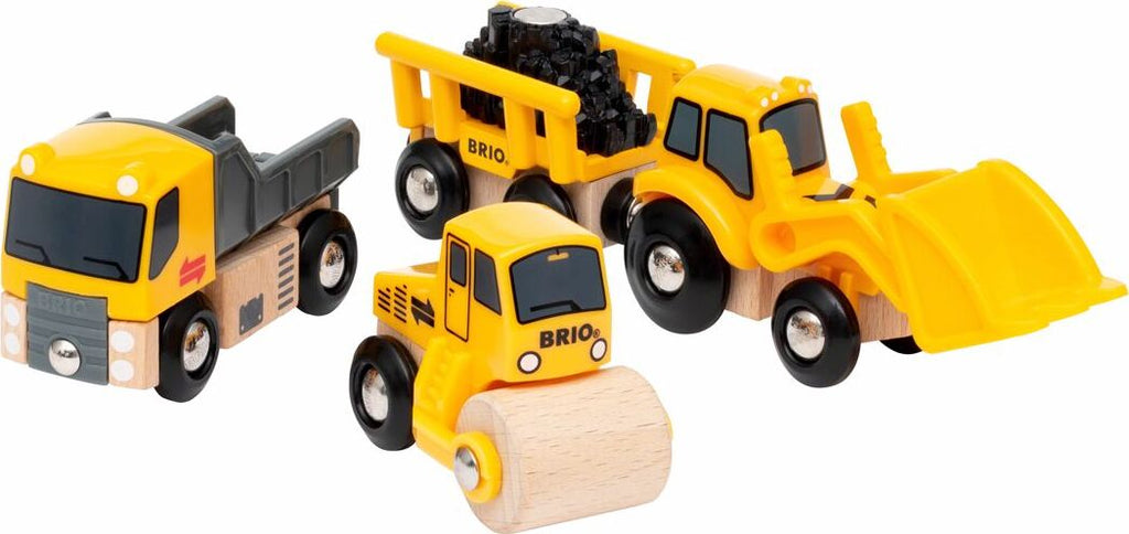 BRIO Construction Vehicles set with tipper truck, steam roller, loader and tipping wagon plus concrete pile