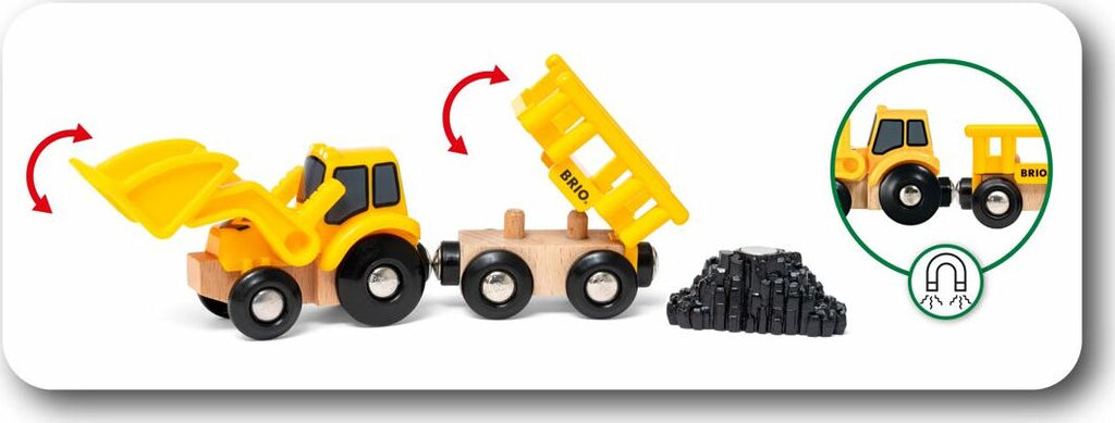 BRIO Construction Vehicles set with tipper truck, steam roller, loader and tipping wagon plus concrete pile