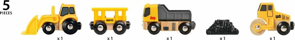 BRIO Construction Vehicles set with tipper truck, steam roller, loader and tipping wagon plus concrete pile