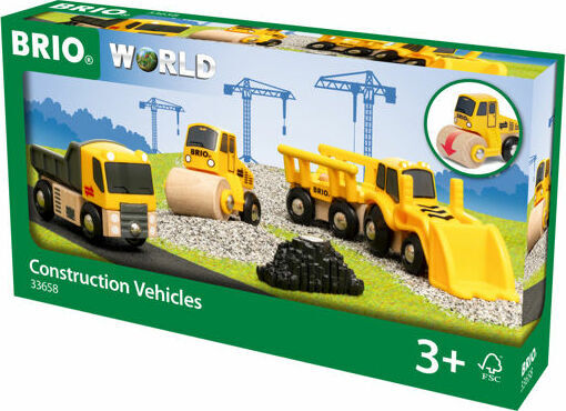 BRIO Construction Vehicles set with tipper truck, steam roller, loader and tipping wagon plus concrete pile