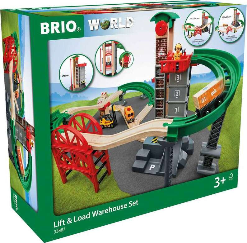 BRIO Lift & Load Warehouse Set with multi-story elevator, forklift, engine, and wooden track pieces for children's railway building