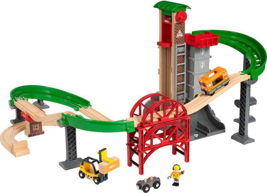 BRIO Lift & Load Warehouse Set with multi-story elevator, forklift, engine, and wooden track pieces for children's railway building