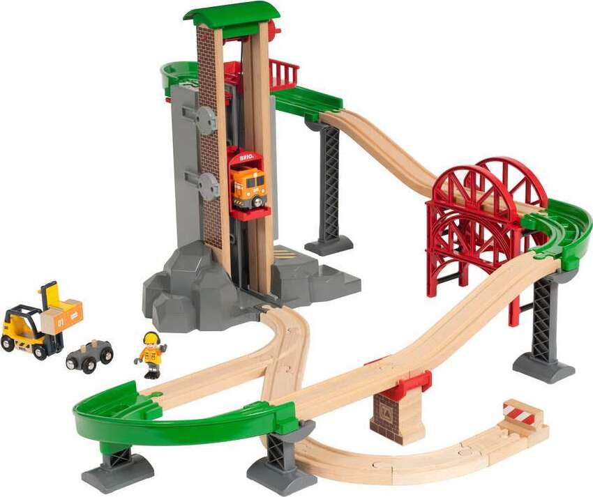 BRIO Lift & Load Warehouse Set with multi-story elevator, forklift, engine, and wooden track pieces for children's railway building