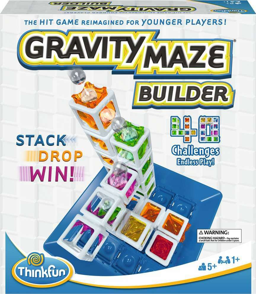 Gravity Maze Builder game with colorful towers and challenge cards by ThinkFun
