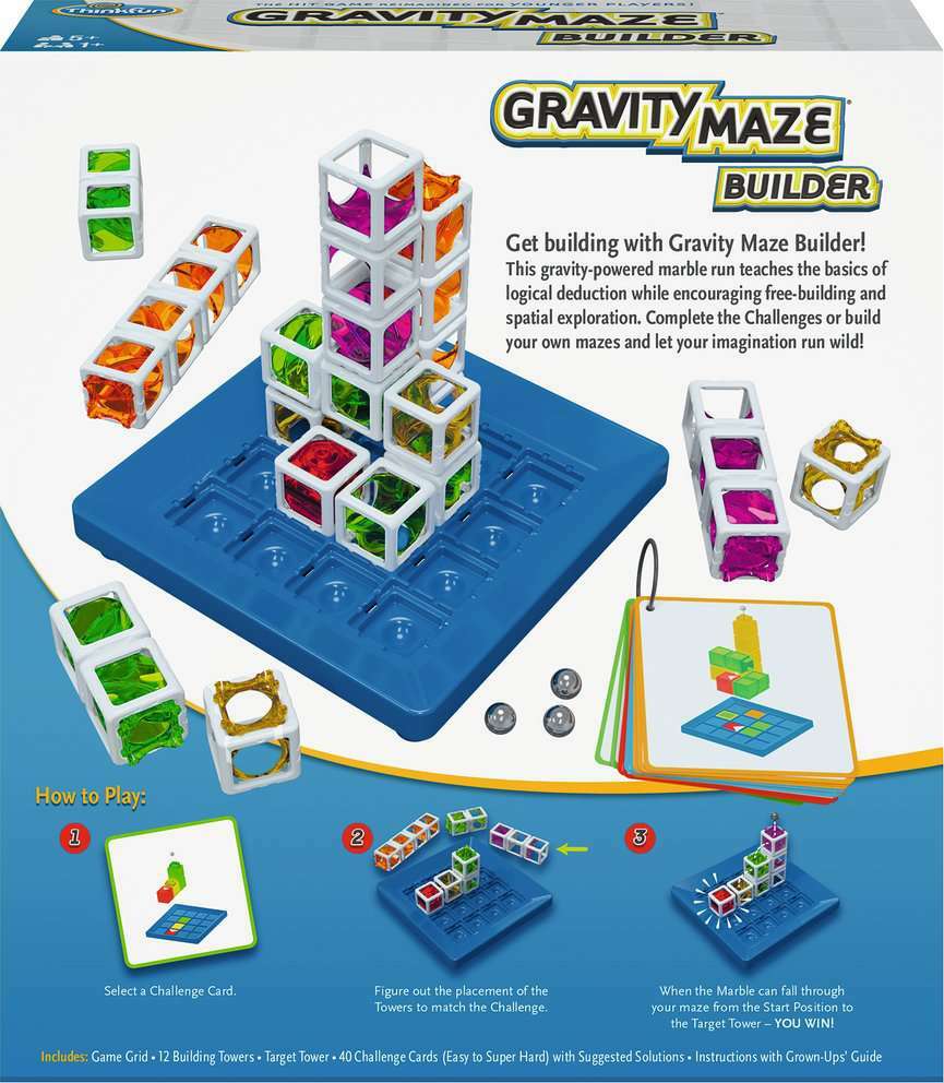 Gravity Maze Builder game with colorful towers and challenge cards by ThinkFun