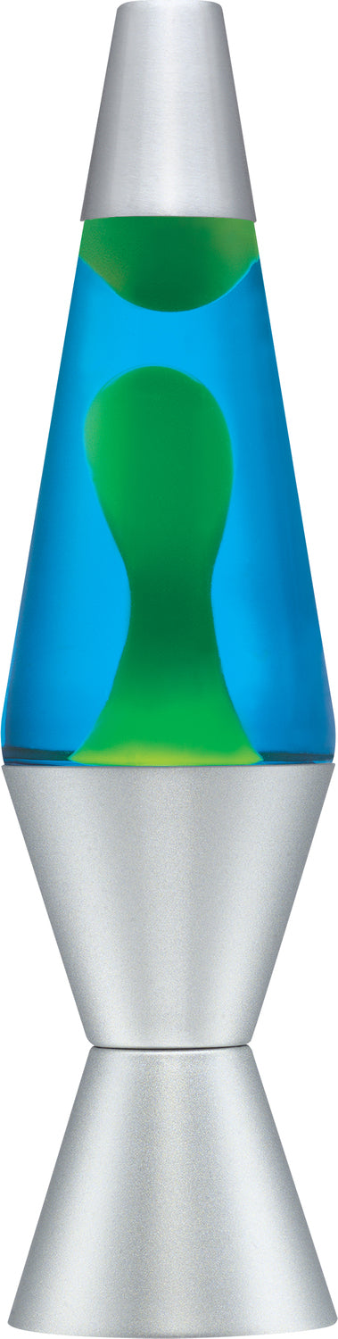 14.5 inch LAVA Lamp with yellow wax, blue liquid, and silver base