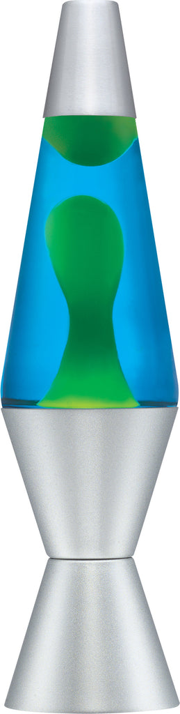 14.5 inch LAVA Lamp with yellow wax, blue liquid, and silver base