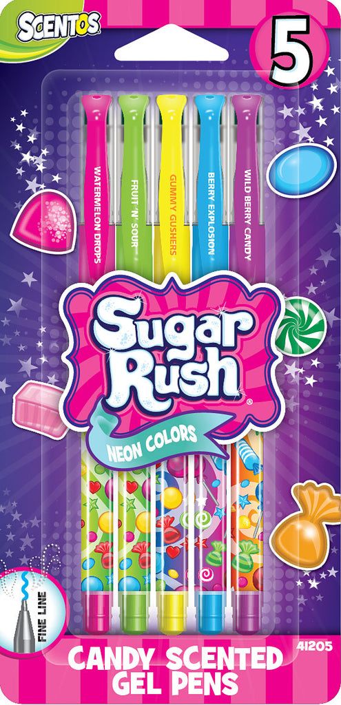 Five-pack of scented sugar rush gel pens with sweet candy fragrances and smooth gel ink