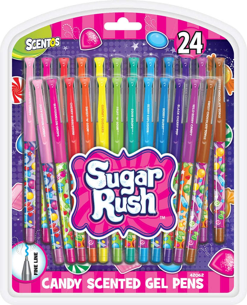 Large pack of 24 scented sugar rush gel pens with sweet candy fragrances and smooth writing