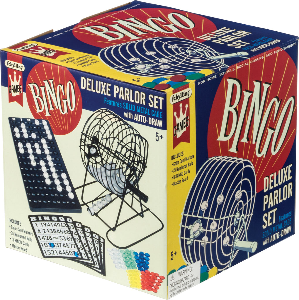 Bingo Game with metal rotary cage, automatic ball selector and bingo cards for family fun by Schylling