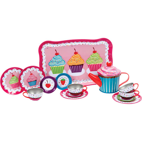 Cupcake tin tea set with colorful cupcake design including teapot, cups, saucers, and plates for pretend play