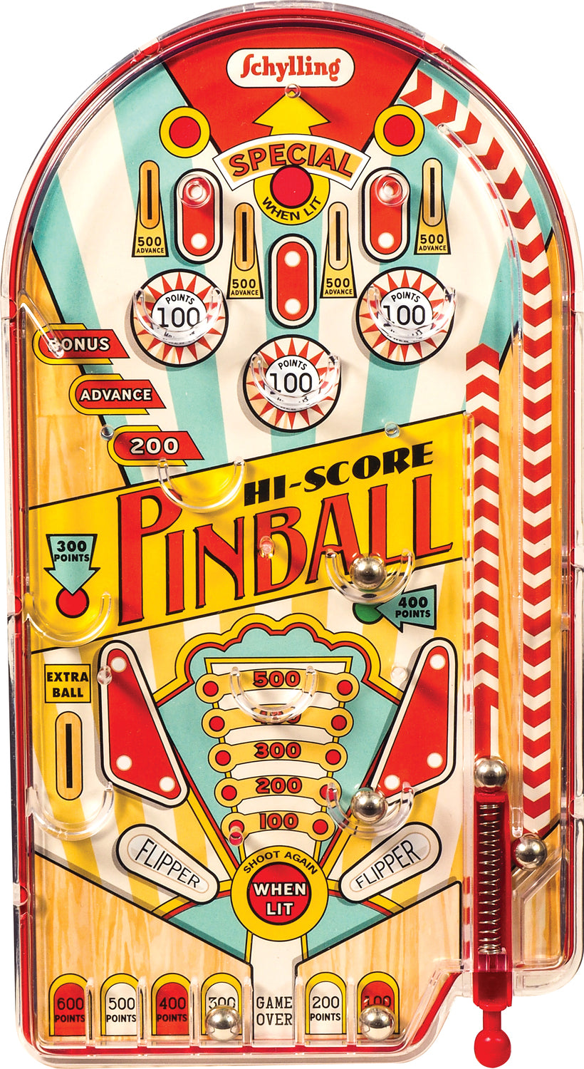 Hi-Score Pinball classic tin handheld game with vintage pinball graphics and lever action