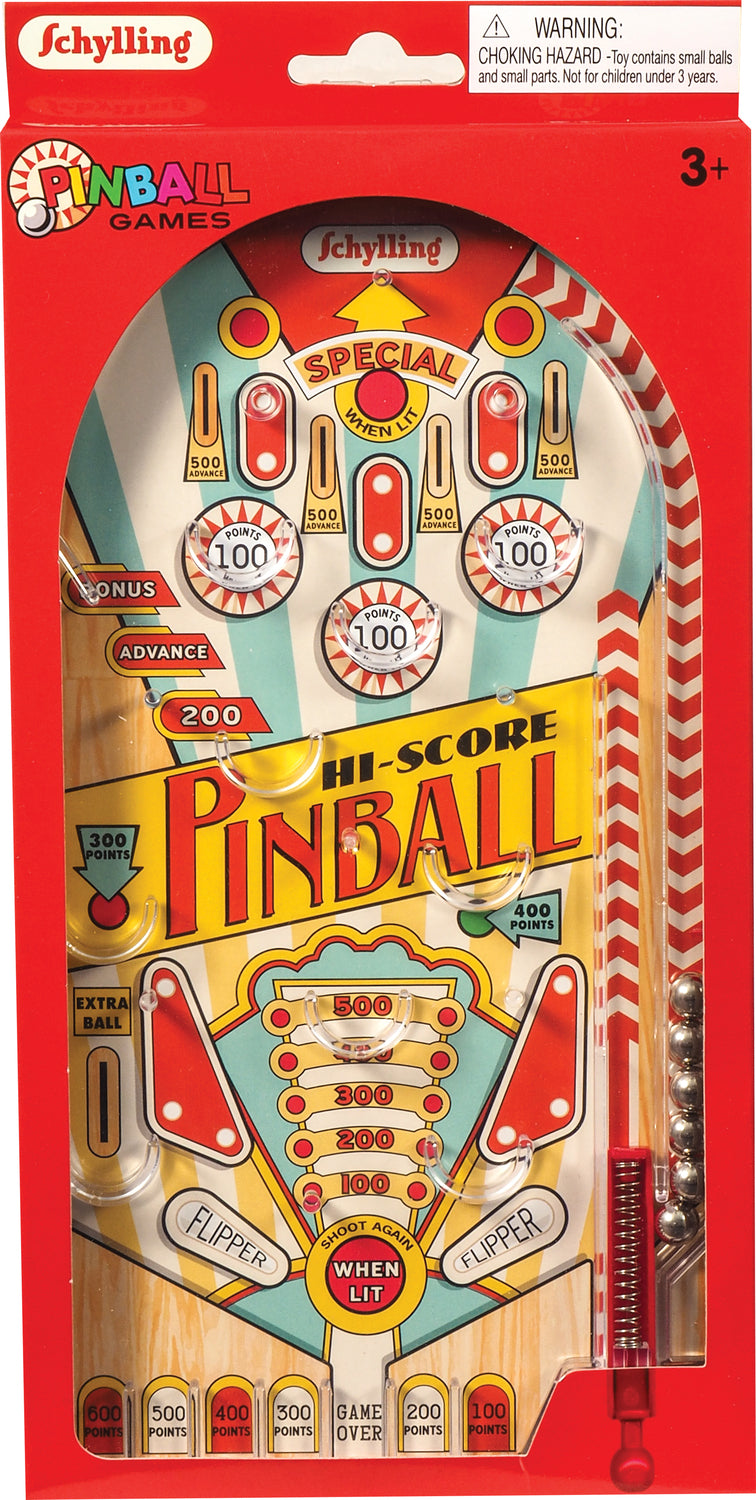 Hi-Score Pinball classic tin handheld game with vintage pinball graphics and lever action