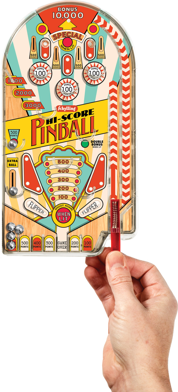 Hi-Score Pinball classic tin handheld game with vintage pinball graphics and lever action