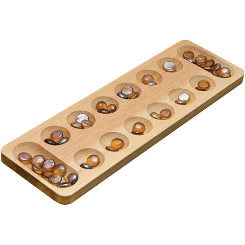 Classic wooden Mancala board game with glass playing pieces and storage box