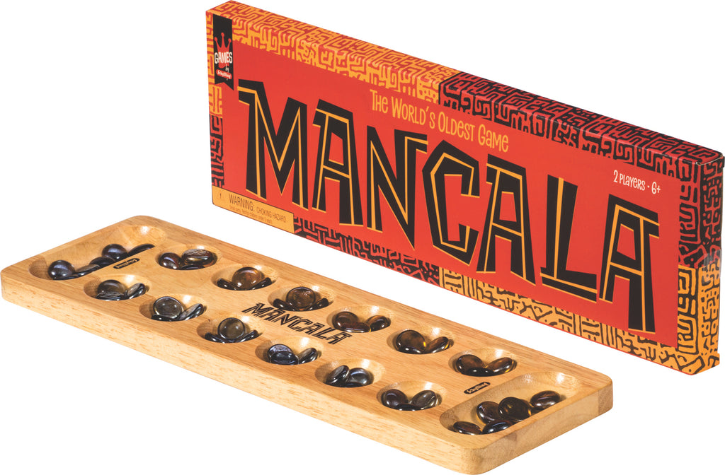 Classic wooden Mancala board game with glass playing pieces and storage box